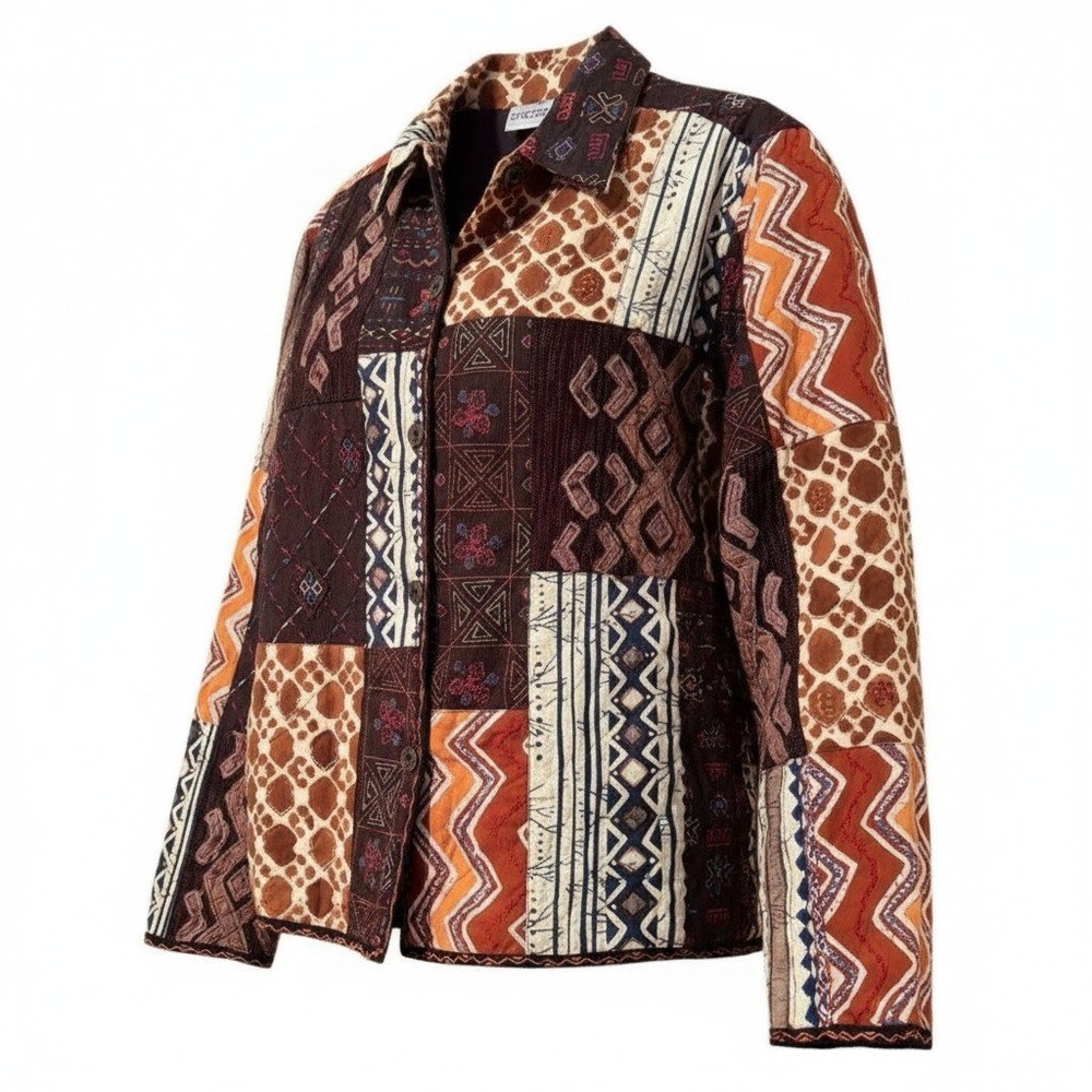 Chicos Patchwork Embroidered Jacket Brown Orange Tribal Art to Wear L boho